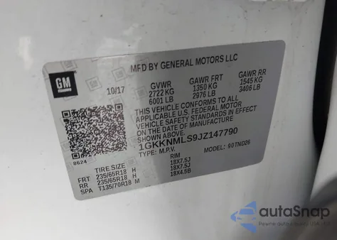 2018 GMC Acadia Slt-1 z USA, uszkodzony, nr VIN 1GKKNMLS9JZ147790